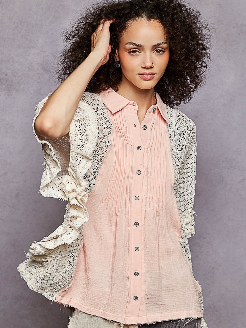 💗 POL Button Down Front Pleated Shirt Crochet Patch-Baby Pink- ALMOST GONE!
